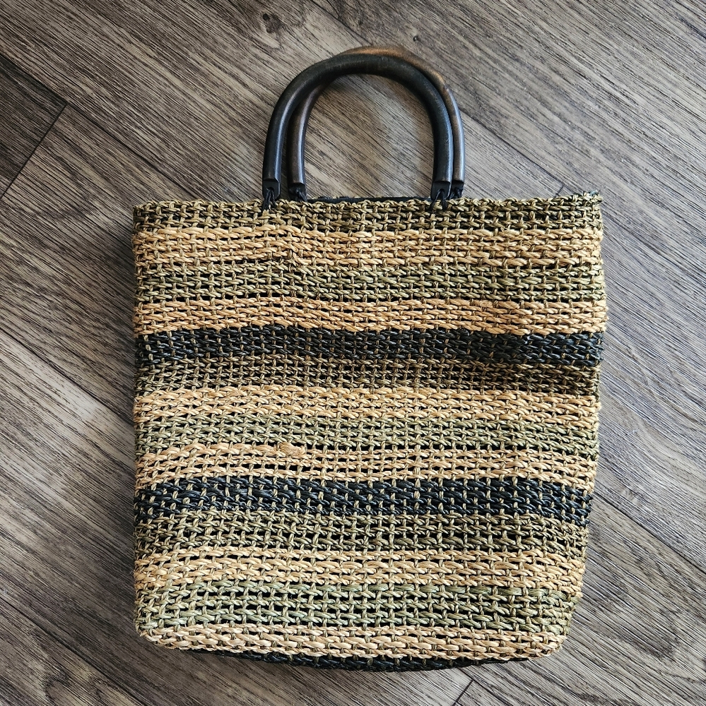 Classiques Entier Vintage Striped Straw Tote Bag With Wooden Handles
